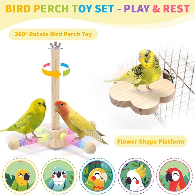 Bird Perch Toy for Parakeets Cockatiel, 360° Rotating Interactive Toy with Small Platform for Parrots Budgie Conures Play Exercise Stand, Enrichment Wooden Bird Cage Accessories -Flower