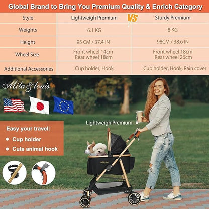 MILA&LOUIS Dog Stroller for Medium Dogs, Lightweigh Pet Stroller for Small Dogs with 4 Upgraded Wheel, Dog Strollers with Cup Holder, Hook, Fashion Gold Puppy Stroller with Detachable Aluminum Cradle