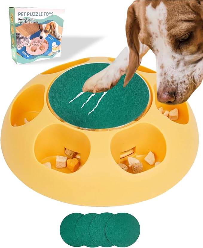 Multi-Functional Dog Scratch Pad for Nails,Slow Feeder Dog Bowls with Treat Box, Nail File Toy,Scratch Board for Dogs,4 Replaceable Sandpaper Sheets