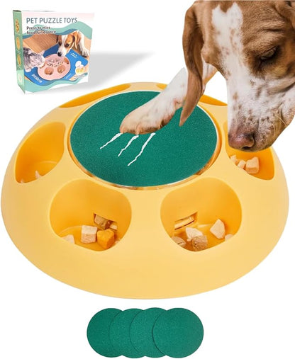 Multi-Functional Dog Scratch Pad for Nails,Slow Feeder Dog Bowls with Treat Box, Nail File Toy,Scratch Board for Dogs,4 Replaceable Sandpaper Sheets