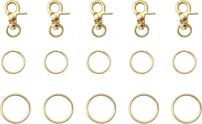5 Pcs Dog Tag Clips with 5 Pcs 3/4 Inch Keychain 5 Pcs 1 Inch Keychain MultiPurpose Metal Dog Tag Rings for Pet Kitten Cat Collars ID Holder Harnesses (Gold)