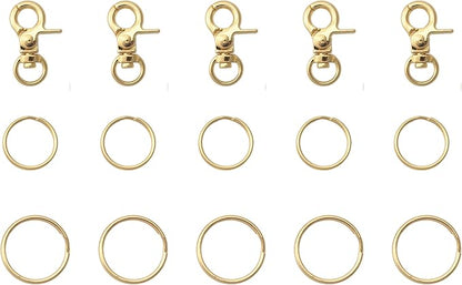 5 Pcs Dog Tag Clips with 5 Pcs 3/4 Inch Keychain 5 Pcs 1 Inch Keychain MultiPurpose Metal Dog Tag Rings for Pet Kitten Cat Collars ID Holder Harnesses (Gold)