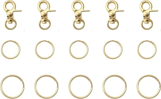 5 Pcs Dog Tag Clips with 5 Pcs 3/4 Inch Keychain 5 Pcs 1 Inch Keychain MultiPurpose Metal Dog Tag Rings for Pet Kitten Cat Collars ID Holder Harnesses (Gold)