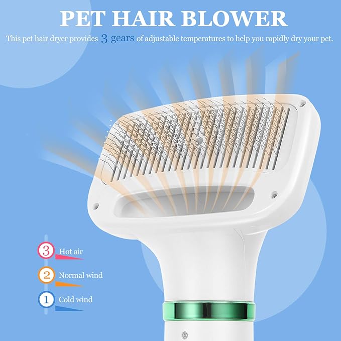 2 in 1 Dog Hair Dryer Comb Pet Hair Dryer with Slicker, Professional Home Grooming Dryer Brush Furry Drying Blower for Small Large Cat Dog White, 3 Temperature Settings