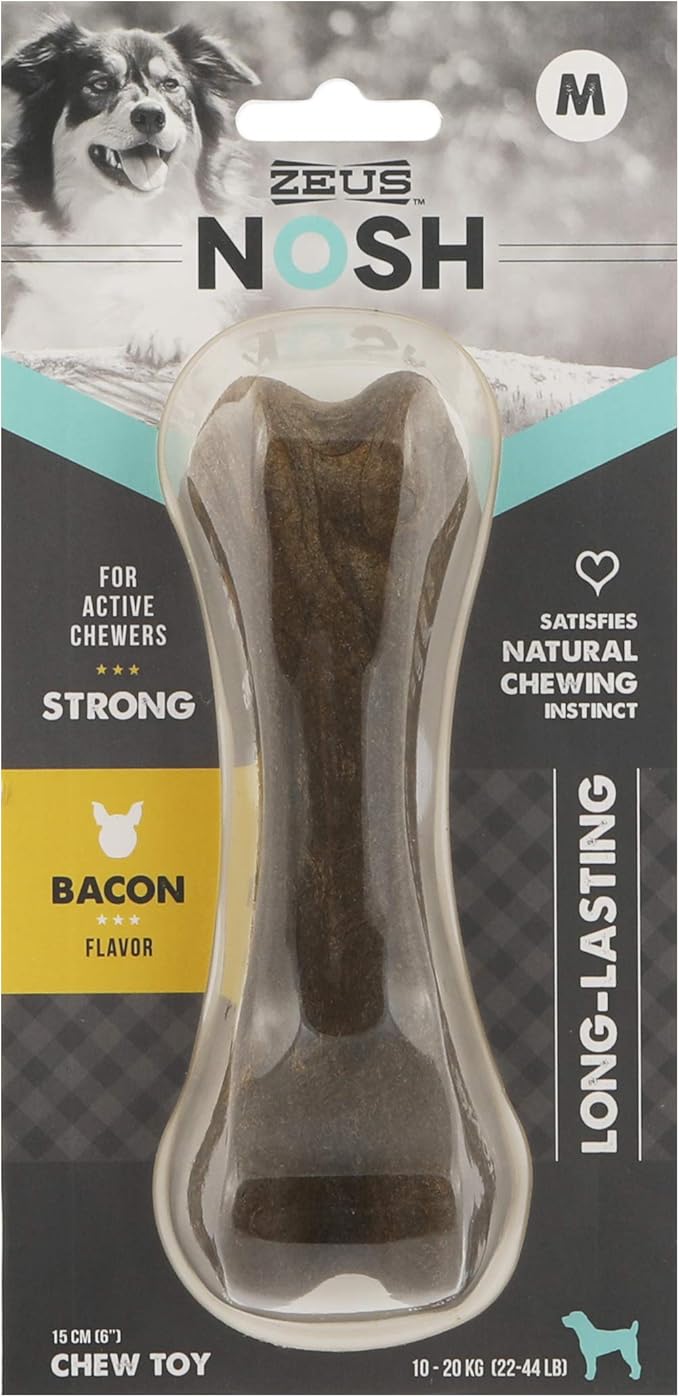ZEUS Nosh Strong Dog Chew Bones, Dog Chew Toys for Aggressive Chewers, Long Lasting Bacon Flavor, Medium