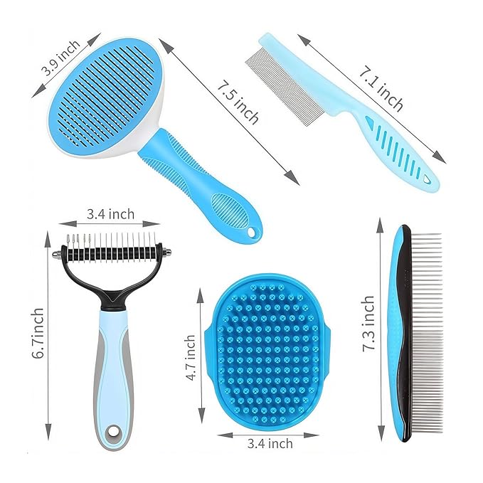 5-in-1 Grooming Kit - Supplies for Short and Long Hair Dogs, Bath Brush, Dematting Rake and Comb (Set of 5, Blue)