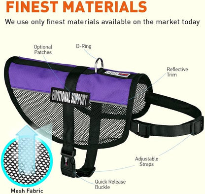 Dogline MaxAire Multi-Purpose Mesh Vest for Dogs and 2 Removable Emotional Support Patches, Small, Purple, (13"-16")