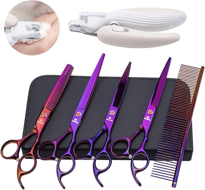 8.0 in 9CR Titanium Professional dog grooming scissors set,Grooming Scissors for Dogs Cats,Pet nail clippers,Shears, Straight,Curved,Thinning Shears,Comb for Full Body,Face, Nose,Ear,Paw