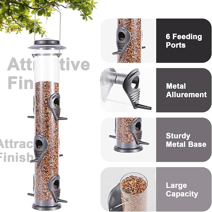 MIXXIDEA 2PK Metal Bird Feeders with 6 Feeding Ports,Tube Bird Feeder with Steel Hanger,Hard Plastic Wild Bird Feeder for Outdoors Hanging, Attracting Birds in Your Lawn, Garden, Balcony (Grey)