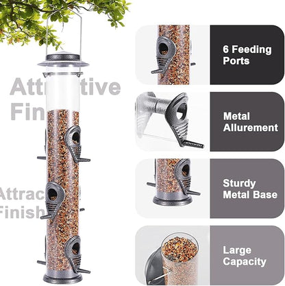 MIXXIDEA 2PK Metal Bird Feeders with 6 Feeding Ports,Tube Bird Feeder with Steel Hanger,Hard Plastic Wild Bird Feeder for Outdoors Hanging, Attracting Birds in Your Lawn, Garden, Balcony (Grey)