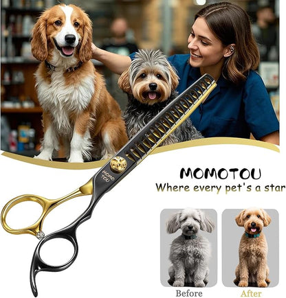 7'' Professional Chunker Dog Grooming Scissors with Decorative Screw Sharp and Durable Black and Golden 440C Stainless Steel Dog Texturizing Thinner Shears Easy Use for Groomers and Beginners.