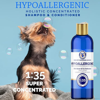 16oz Super Concentrated Hypoallergenic Dog & Cat Shampoo & Conditioner. Gentle Cleansing for Sensitive Skin, Itch Relief Formula, Puppy Safe Makes 4 gallons when diluted or use full strenght