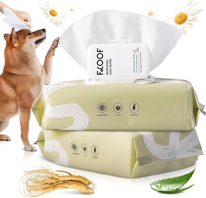 Floof Hypoallergenic Dog Wipes  Natural Aloe Grooming Wipes for Paws Face Ears Eyes & Bum  Vet-Formulated Extra Thick Safe for Puppies & Adult Dogs  144 Count