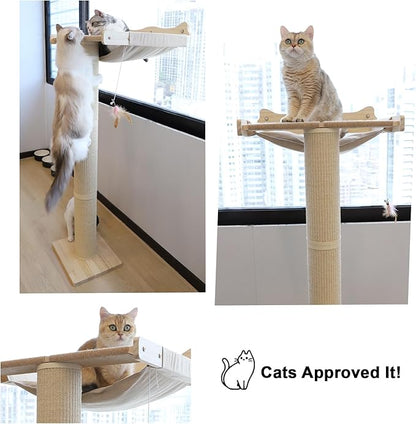 Upgraded Cat Window Perch with Scratching Post, 54.3" Adjustable Cat Tall Scratching Posts & Suction Cup – Multi-Level Perch for Climbing, Bird Watching, and Play, Supports 60 lbs (Drilling-Free)