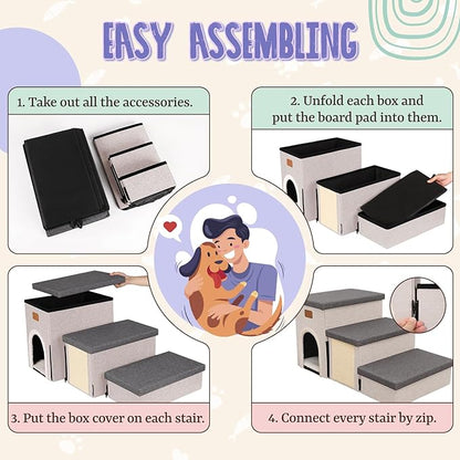 downluxe Dog Stairs for Small Dogs, Foldable Dog Steps for Bed, Sofa and Chair, Non-Slip Pet Steps with Cat Scratcher and Condo (3-Step Pet Stairs, Grey-Beige)