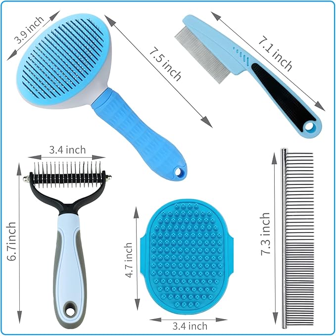 Dog Grooming Kit - 5 Pieces: Slicker Brush, Shedding Brush, Puppy Brush, Flea Comb, and Detangler Hair Brush Set in Blue