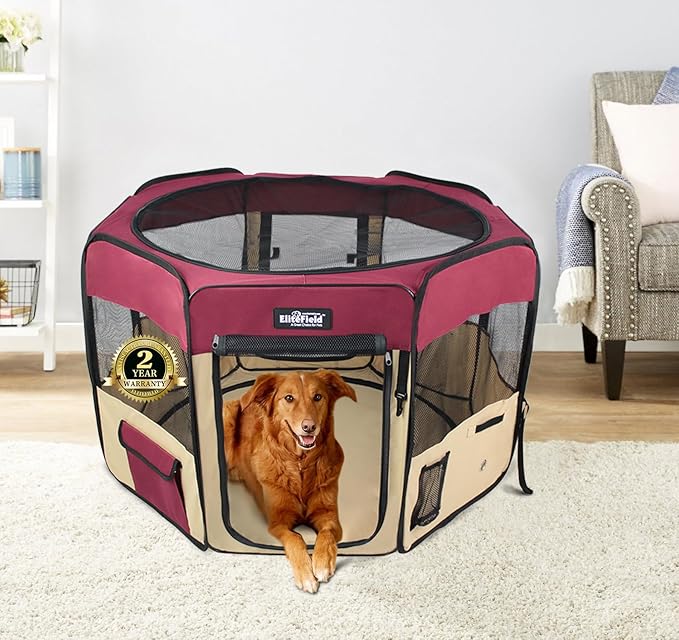 EliteField 2-Door Soft Pet Playpen (2 Year Warranty), Exercise Pen, Multiple Sizes and Colors Available for Dogs, Cats and Other Pets (48" x 48" x 32"H, Maroon+Beige)