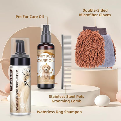 Waterless Dog Shampoo No Rinse Foam, Dog Dry Shampoo, with Pet Fur Care Oil, Pet Sensitive Glove & Stainless Steel Pets Grooming Comb, Clean Quickly, Soothe & Moisturize