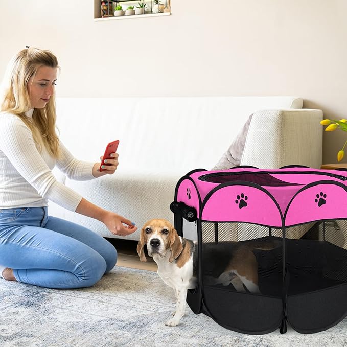 Dog playpen, Foldable Puppy Playpen, Pet Playpen Carrier Pop Up Tent 8-Panel Mesh Cover Adorable Design 600D Soft Oxford Playpen Kennel for Indoor-Outdoor Dog Cat Rabbit. (M 35" 35" 24", Rose)