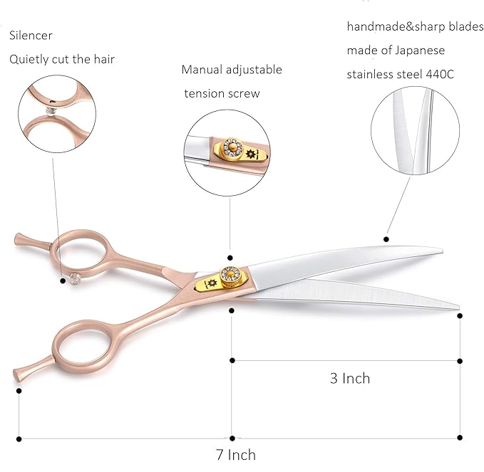 7 Inches Professional Pet Grooming Scissor, 440C Japanese Steel Straight & Curved & Thinning & Chunker Shears/Scissors for Dog Cat and More Pets (7 inch-Grooming Scissors Set)