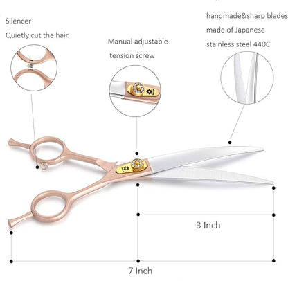 7 Inches Professional Pet Grooming Scissors, 440C Japanese Steel Straight & Curved & Thinning & Chunker Shears/Scissors for Dog Cat and More Pets (7 inch-Curved Scissors)