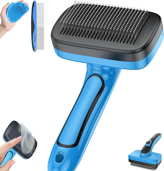 Dog Brush for Shedding, Self-Cleaning Slicker, 3 PCS Kit with Bath Brush & Comb, Perfect for Short & Long Haired Pets, Removes Mats, Tangles, Fur, Gentle on Skin, Ideal for All Dogs. Blue
