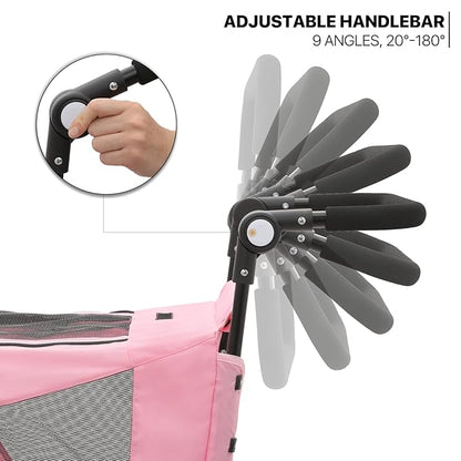 MoNiBloom Pet Stroller for Large Dogs or Multiple Dogs Cats with Adjustable Handle, 3-Wheels Dual Entry Portable Dog Carting Easy Folding Pet Wagon Double Dog Stroller up to 55 lbs, Pink