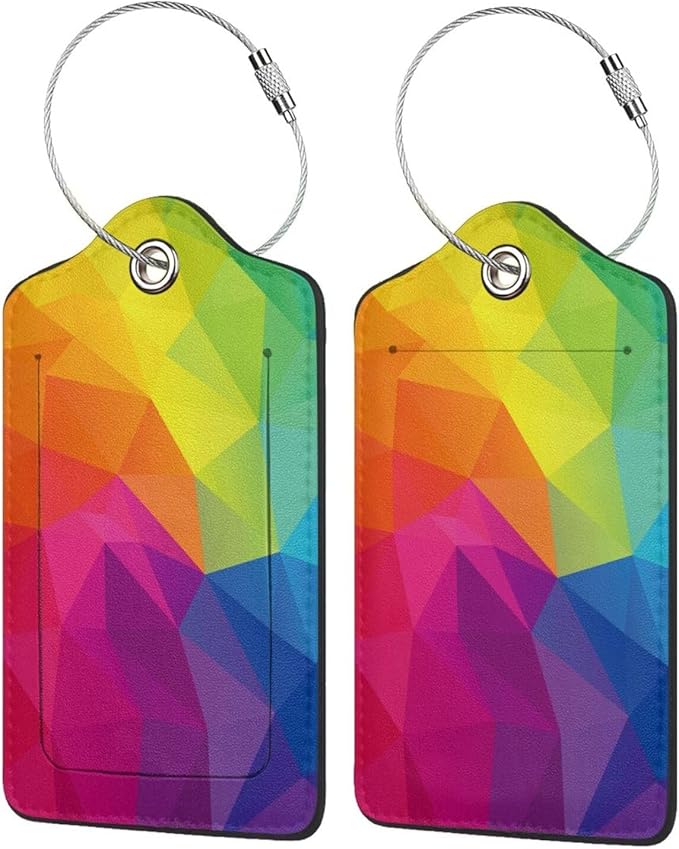 2 Pcs Cute Colorful Geometric Pattern Luggage Tag for Suitcase, Bright Rainbow Decorations Tags Birthday Gifts for Men Women Outdoor Travel, Identifiers Privacy Cover ID Label with Steel Loop