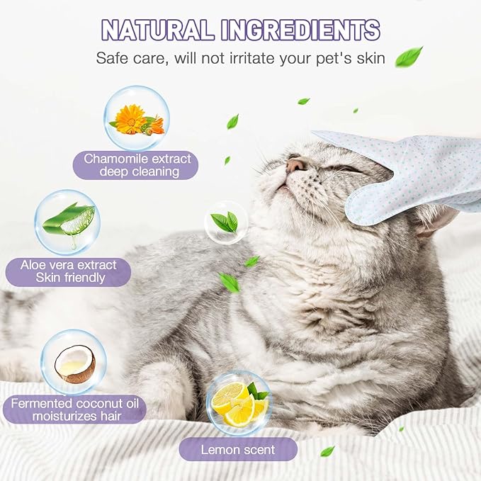 Dog Wipes 15 PCS Pet Cleaning and Deodorizing Bath Wipes for Dogs & Cats Rinse Free Grooming Gloves for Paws, Butt, Face and Fur