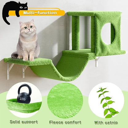NUNU LAB Wall Mounted Cat Climber Set, 6 Pcs Cat Furniture Set with House, Bridge, Steps, Scratcher Board and Hammock, Shelves for Indoor, Luxury Walls Furniture(Green)