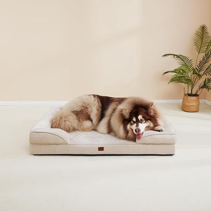 EHEYCIGA Orthopedic Dog Beds for Large Dogs, Waterproof Memory Foam Large Dog Bed with Sides, Non-Slip Bottom and Egg-Crate Foam Large Dog Couch Bed with Washable Removable Cover, Beige