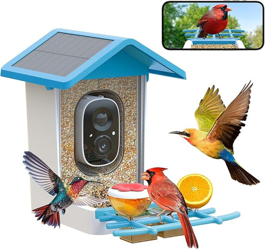 Smart Bird Feeder with Camera: Solar Powered Birdhouse with AI Recognition, Wireless Bird House with Camera for Outdoor, Unique Birthday Gifts for Mom Dad - Blue