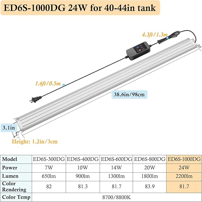 HITOP 40-44in Full Spectrum LED Aquarium Light with Timer, Auto 24/7 Lighting Cycle& 10-Level Brightness Adjustment, Fish Tank Light for Plant Growth, with Extendable Brackets