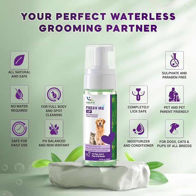 Natural Remedies Fresh Me Up Waterless Mild Foam Cleanser for Dogs and Cats - Dry Shampoo - Grooming Bath Supplies - Pet Deodorizer, Lick Safe, Hypoallergenic & Sulphate Free, All Breeds, 4.73 fl. oz.