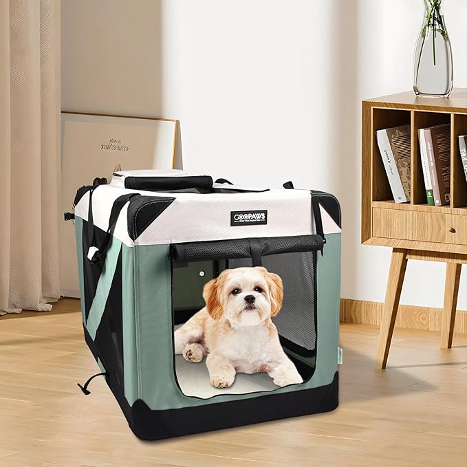 JESPET Soft Dog Crates Kennel for Pets, 3 Door Soft Sided Folding Travel Pet Carrier with Straps and Fleece Mat for Dogs, Cats, Rabbit, Indoor&Outdoor Use(5-Shale Green, Small(24"L x 16.5"W x 16.5"H))