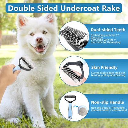 Dog Brush Dog Grooming Kit 6PCS Dog Brush for Shedding-Dog Brushes for Grooming, Dematting Comb for Dogs, Cat Nail Clipper with Nail File, Flea Comb, Bath Brush-Blue