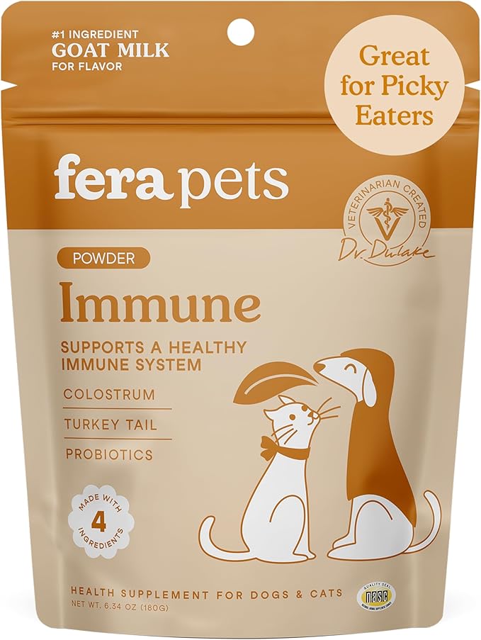 Fera Pets Immune Goat Milk for Dogs & Cats with Colostrum, Organic Turkey Tail Mushroom, & Probiotics - Improves Immune Response - for Picky Eaters - Powder - 60 TSP