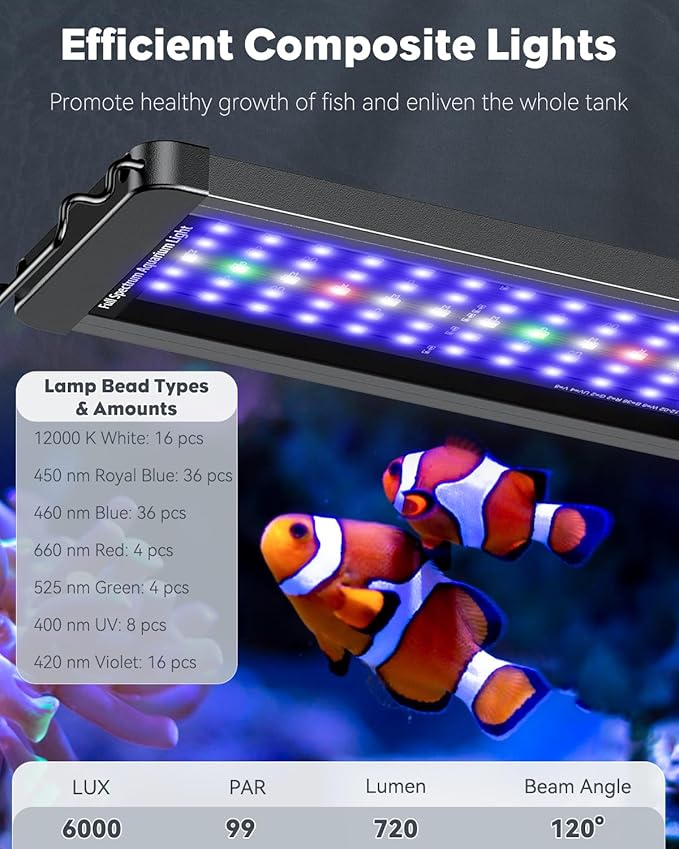 Pawfly 26W Saltwater Aquarium Light for 24" to 30" Fish Tanks Dimmable LED Reef Light for Coral Extendable Marine Fish Tank Light with Full Spectrum D/N Mode Timer Auto On/Off Adjustable Brightness