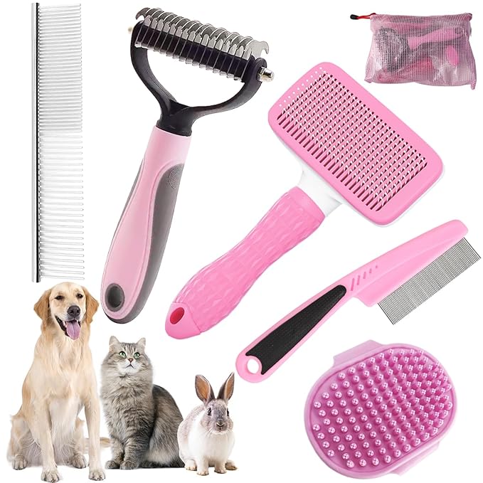 Dog Brush for Shedding,6 PCS in One Pet Slicker Hair Brush Kit Organizer Bag - Dog Cat Grooming Deshedding Undercoat Rake Brush Comb for All Small Large Dogs Cats Pink