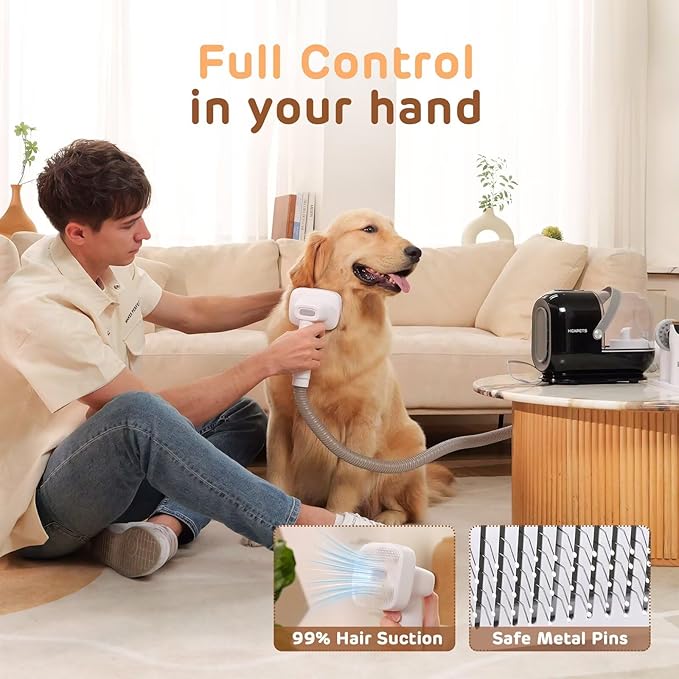 Dog Grooming Vacuum Kit - 3L Vacuum with 7 Tools, Low Noise Electric Clipper and Brush for Pet Shedding at Home, Black
