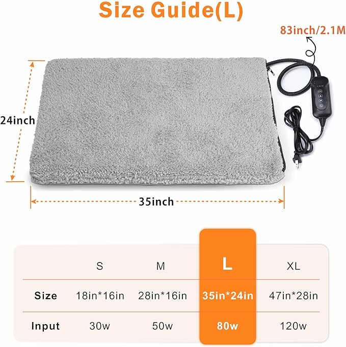 Heated Cat Bed, 11 Adjustable Temperature Pet Heating Pad Indoor for Dogs Cats Heating Mat with Timer, Auto Power Off, Electric Pet Heating Pad for Cat House (Grey, L(35" x 24"))