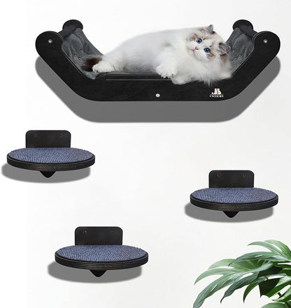 Wooden Cat Wall Shelves with 3 Steps – Space-Saving Wall Mounted Cat Tree Set, Modern Climbing Wall Furniture & DIY Shelves Kit for Small Apartments, Cat Bed for Sleeping, Playing and Climbing