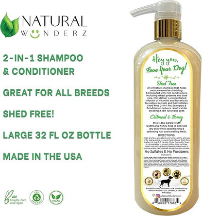 Pet Shampoo & Conditioner, Shed Free 2-in-1, Oatmeal and Honey, Hypoallergenic, Vegan, Natural Extract, for Healthy Skin & Coat, 32 Fl Oz, for Dry Itchy Skin, All Breeds, by Natural Wunderz
