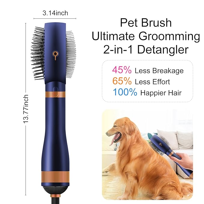 Dual Sided Hair Dryer for Dogs and Cats, Massage Blower with Metal and Nylon Brush, Grooming Comb with Flexible Soft Bristles for Medium to Large Pets (Prussian Blue)