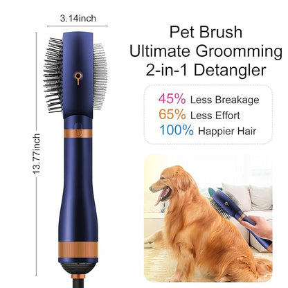 Dual Sided Hair Dryer for Dogs and Cats, Massage Blower with Metal and Nylon Brush, Grooming Comb with Flexible Soft Bristles for Medium to Large Pets (Prussian Blue)