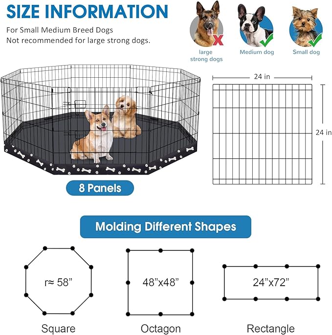 Dog Pen Pet Playpen Dog Fence Indoor Foldable Metal Wire Exercise Puppy Play Yard Pet Enclosure Indoor Outdoor 8 Panels 24 Inch with Bottom Pad (Bottom Cover Fence with Printing)