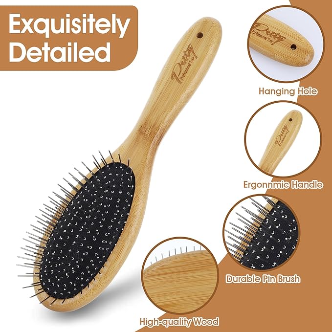 Dog Pin Brush, Airbag Grooming Wooden Comb Pet 20mm Stainless Steel Round Pin Slicker Brush with Bamboo Handle for Removing Shedding Tangles Dead Undercoat
