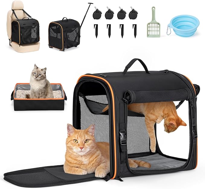 Pet Carrier for Cats Dogs up to 30 Lbs, Car Travel Portable Pet Kennel Dog Crate Set with Litter Box, Bowl for Outdoor Camping