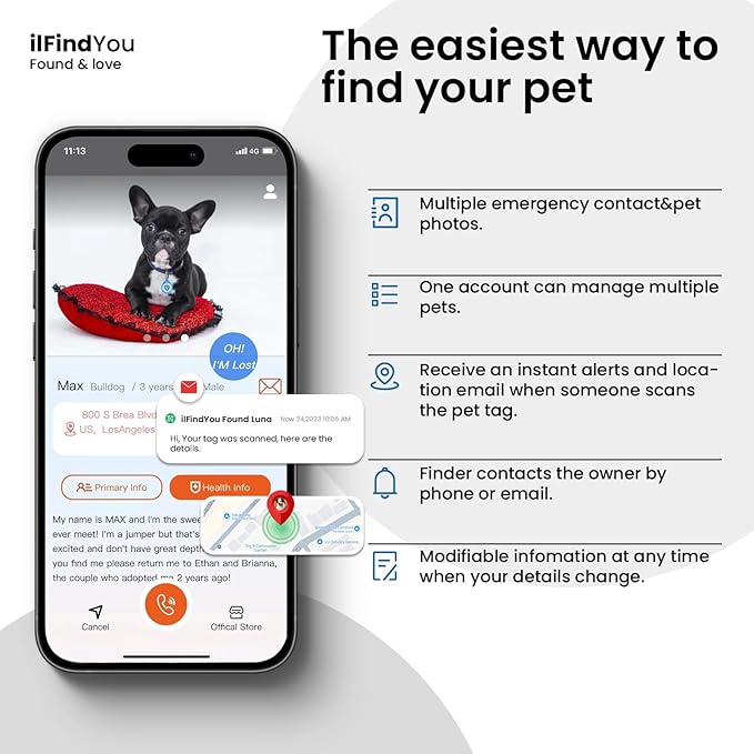 Dog Tags Personalized, QR Code Pet ID Tags for Dog Collar, Online Profile, Scan Location Alerts, Blue