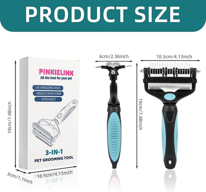 3-IN-1 Pet Grooming Tool - Undercoat Rake, Dematting Comb & Deshedding Brush for Cats & Dogs - Removes Mats, Tangles & Loose Fur, Reduces Shedding & Prevents Hair Mess (Blue)